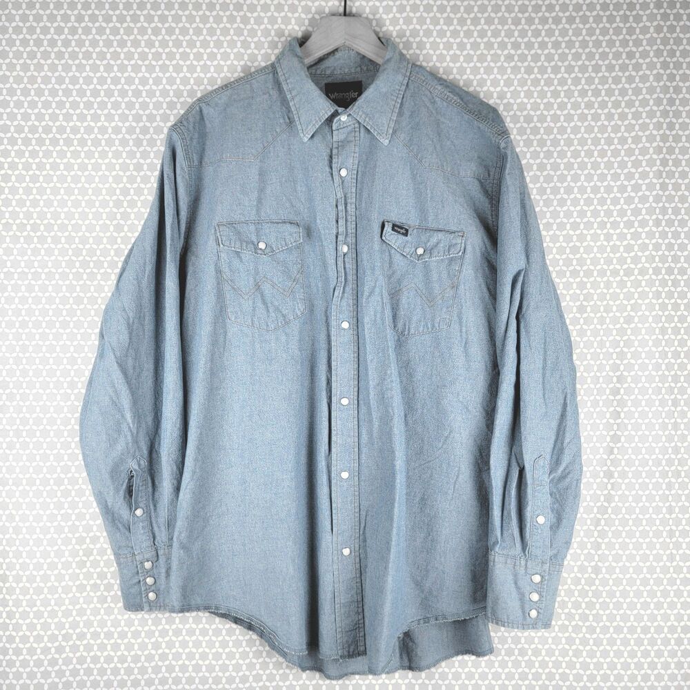 Wrangler Pearl Snap Denim Shirt Men's Size 2XT Blue L/S Button Up Cowboy Rodeo